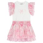 Girls Pink Bow Broderie Anglaise Dress, 1, hi-res