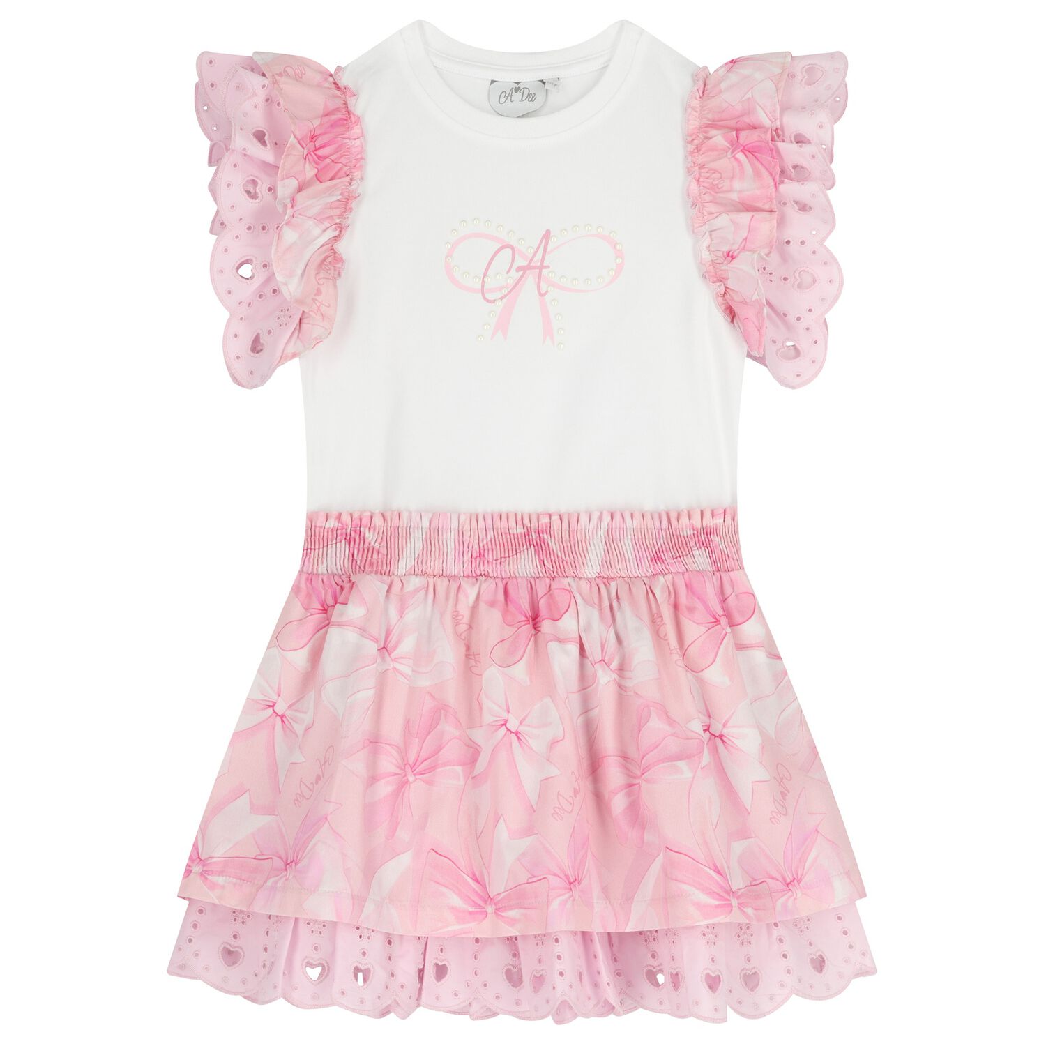 Girls Pink Bow Broderie Anglaise Dress, 1, hi-res