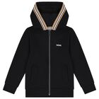 Boys Black Logo Hooded Zip Up Top, 1, hi-res