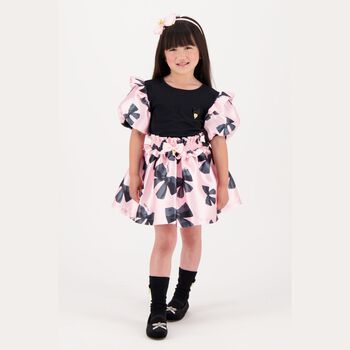 Girls Pink & Black Bow Print Skirt