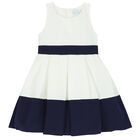 Girls White & Navy Crepe Dress, 1, hi-res