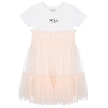 Girls White & Pink Logo Tulle Dress