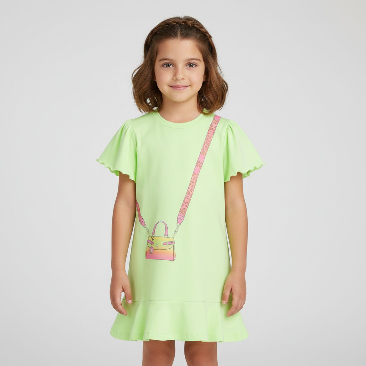 Girls Green Logo Bag Dress, 3, hi-res