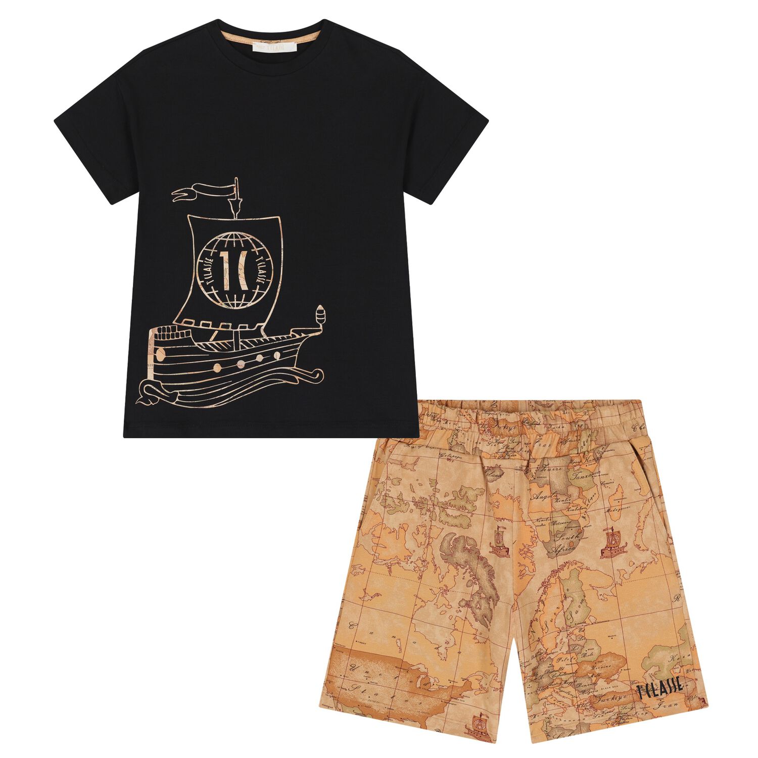 Boys Black & Beige Geo Map Shorts Set, 1, hi-res