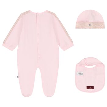 Baby Girls Pink & Gold Logo Babygrow Hat & Bib Gift Set