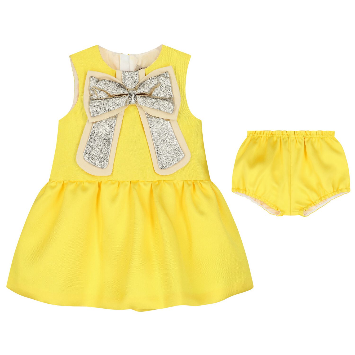 Younger Girls Yellow Bow Satin Dress Set, 1, hi-res