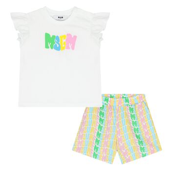 Younger Girls White & Pink Logo Shorts Set