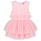 Younger Girls Pink Logo Pleated Tulle Dress, 1, hi-res