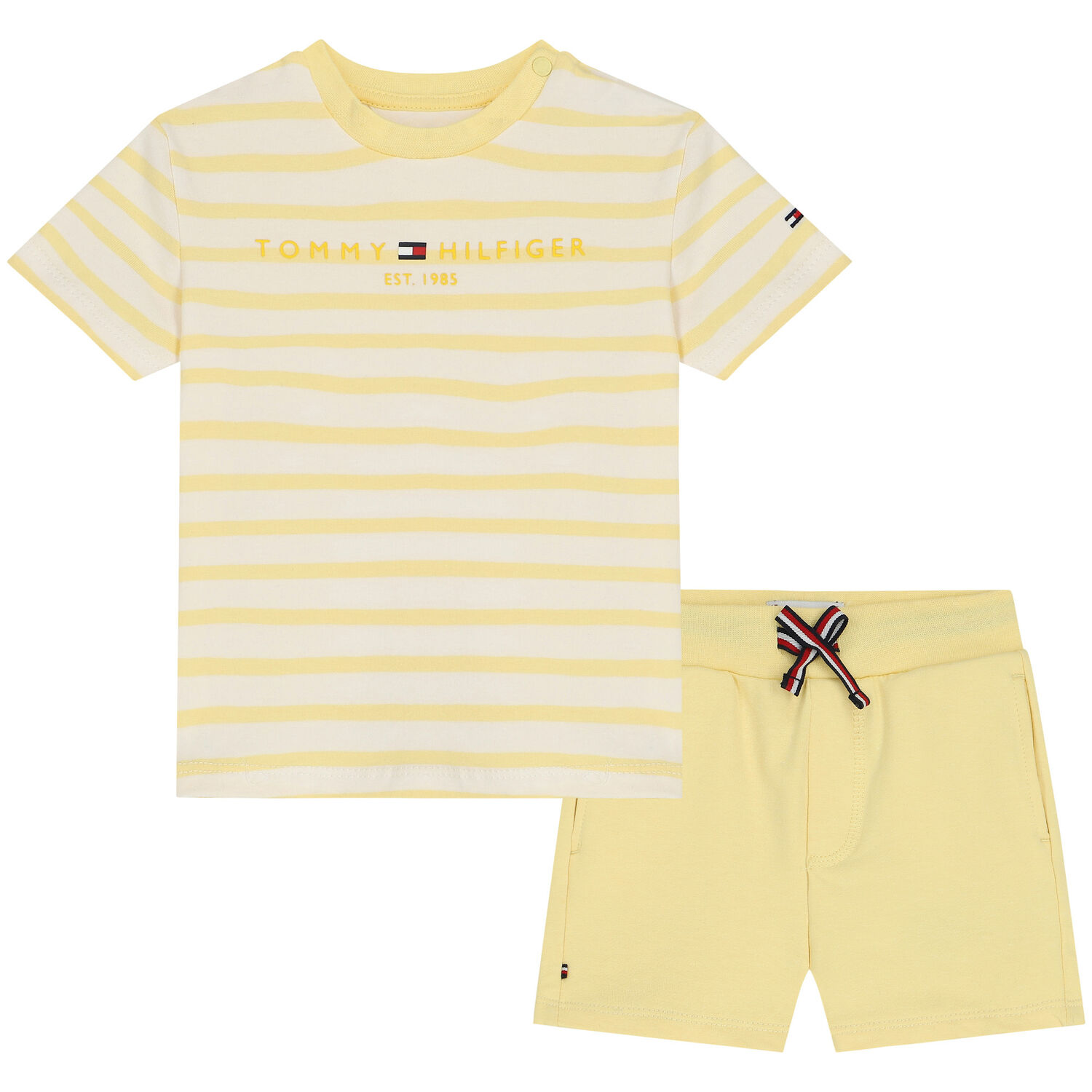 Yellow & Ivory Striped Logo Baby Shorts Set, 2, hi-res