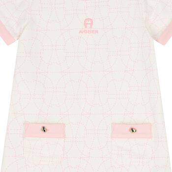 Younger Girls Ivory & Pink Logo Dress