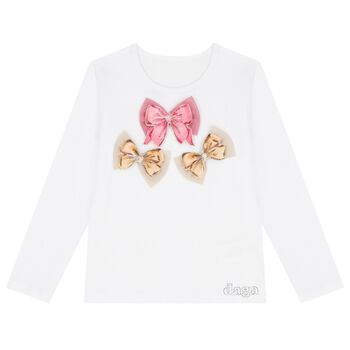 Girls White Bow Long Sleeve Top