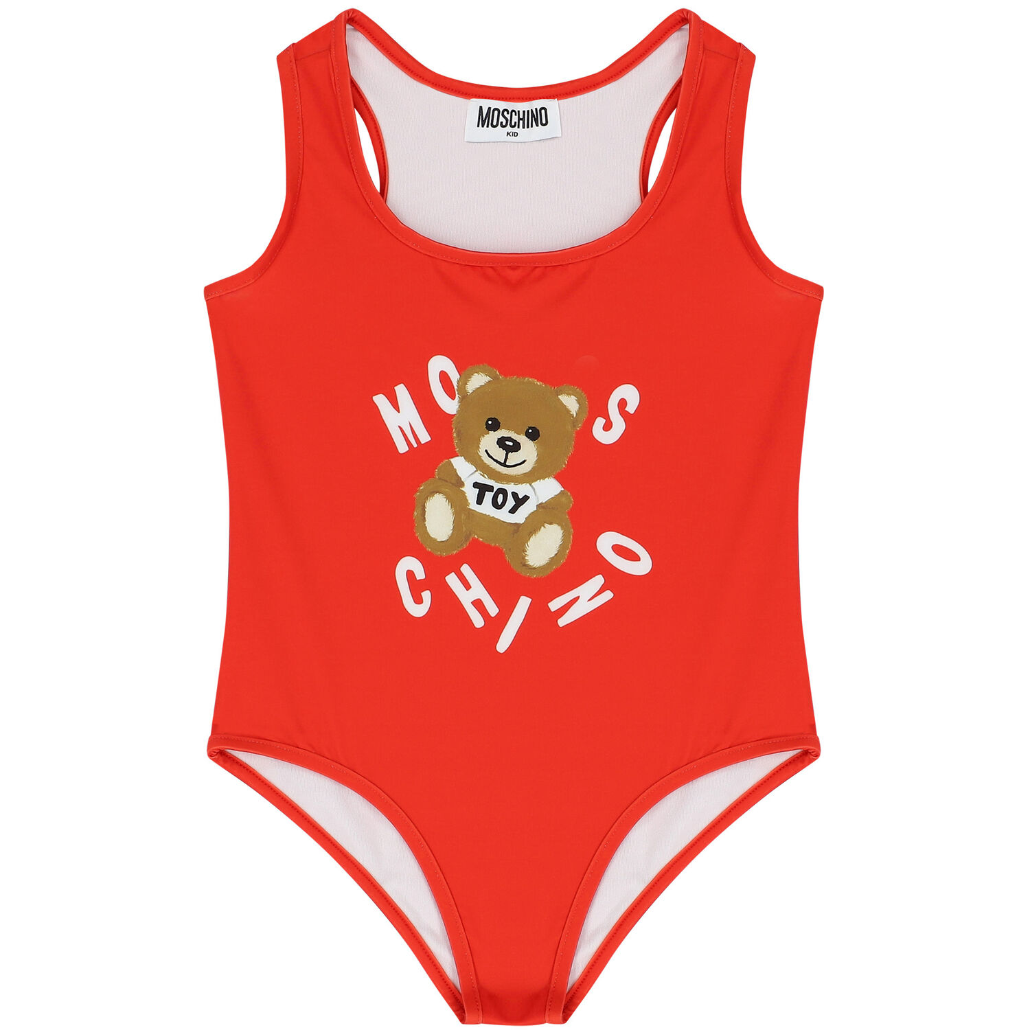 Girls Red Teddy Bear Logo Swimsuit, 3, hi-res