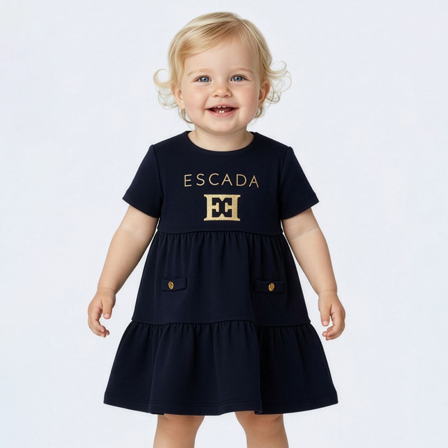 Younger Girls Navy Blue & Gold Logo Dress, 2, hi-res
