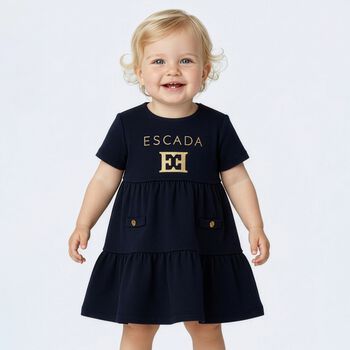 Younger Girls Navy Blue & Gold Logo Dress