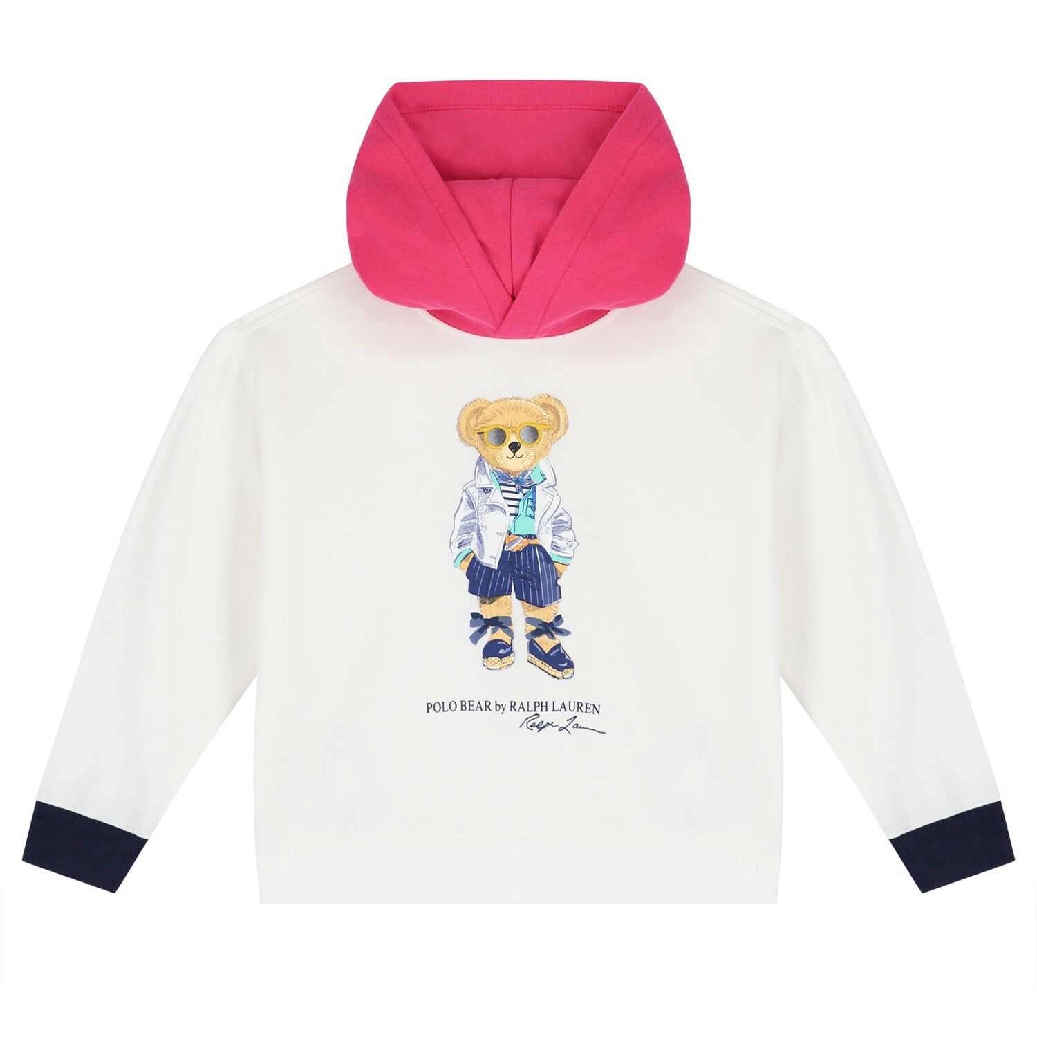 Girls White Polo Bear Hooded Top, 1, hi-res