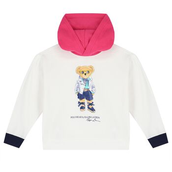 Girls White Polo Bear Hooded Top