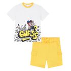 Younger Boys White & Yellow Logo Shorts Set, 1, hi-res