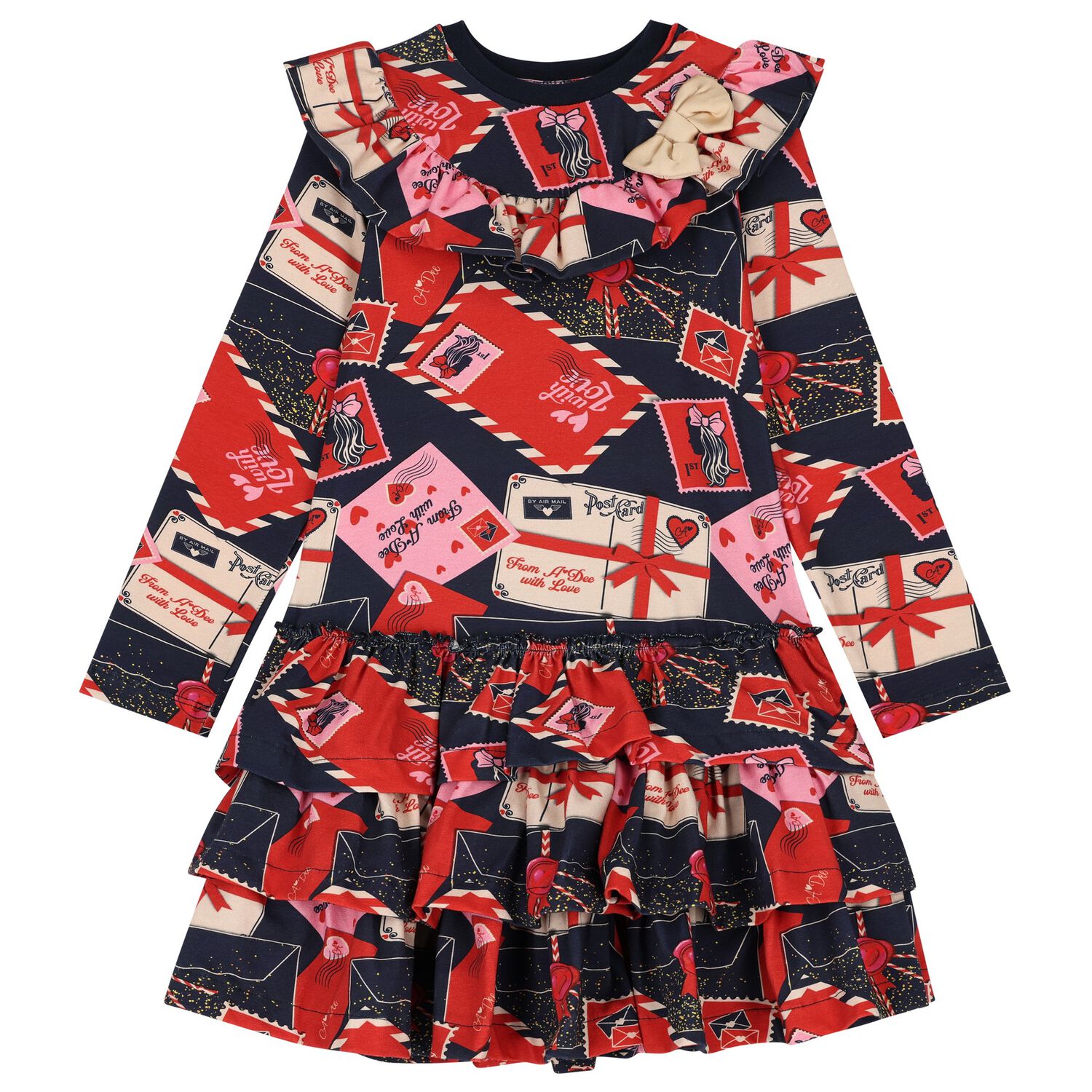 Girls Navy Blue & Red Envelope Dress, 1, hi-res image number null