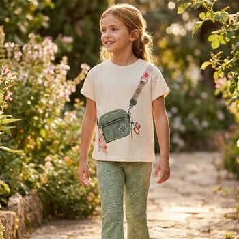 Girls Beige & Green Flower Leggings Set