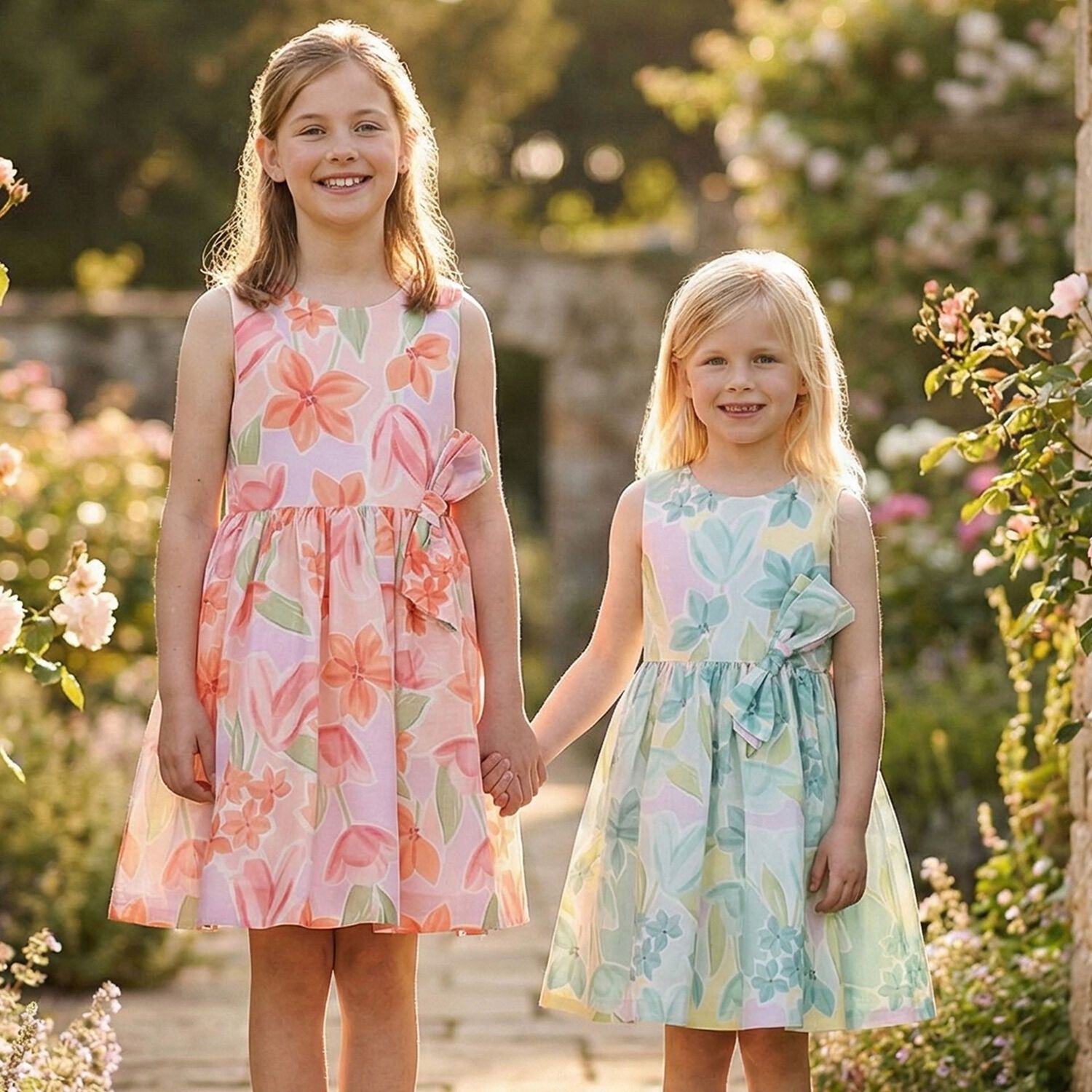 Girls Orange & Pink Floral Dress, 1, hi-res