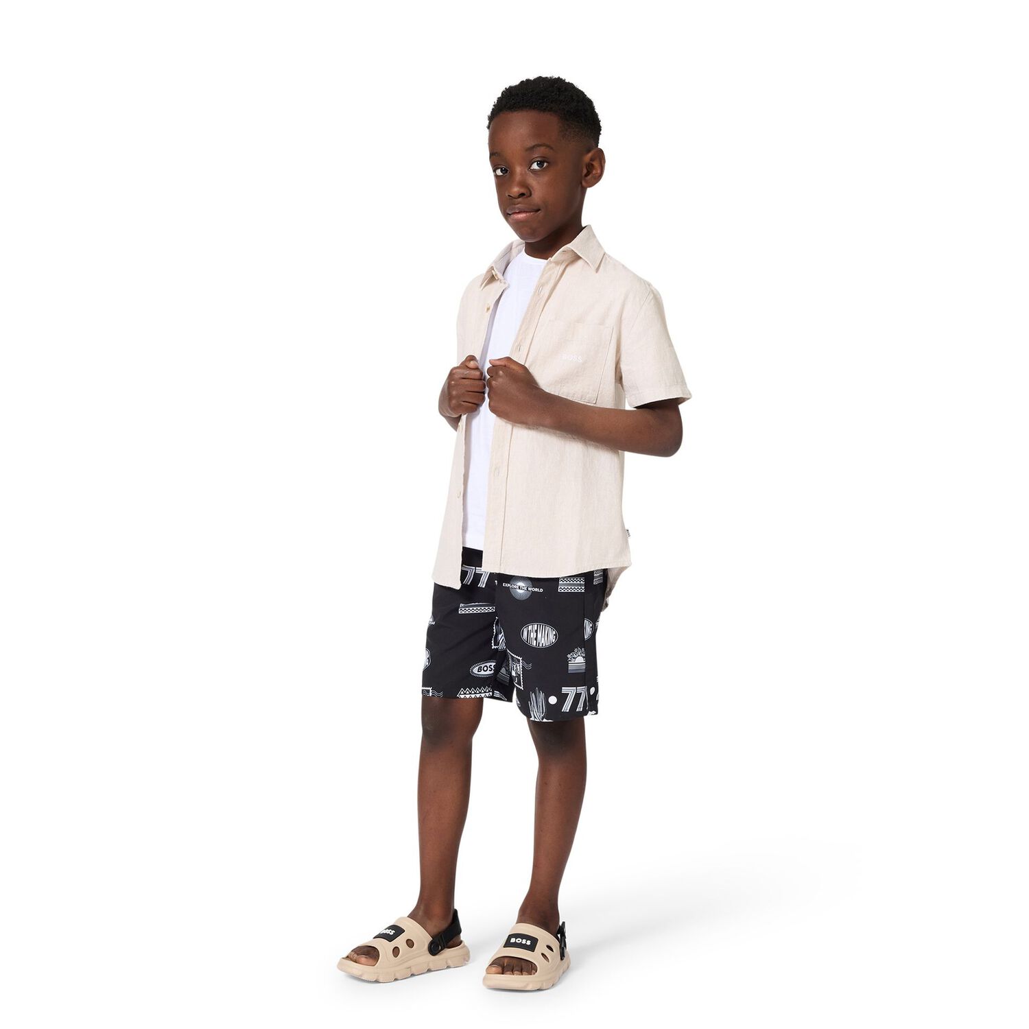 Boys Beige & Black Logo Sandals, 2, hi-res