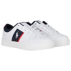 Boys White & Navy Blue Logo Trainers, 1, hi-res
