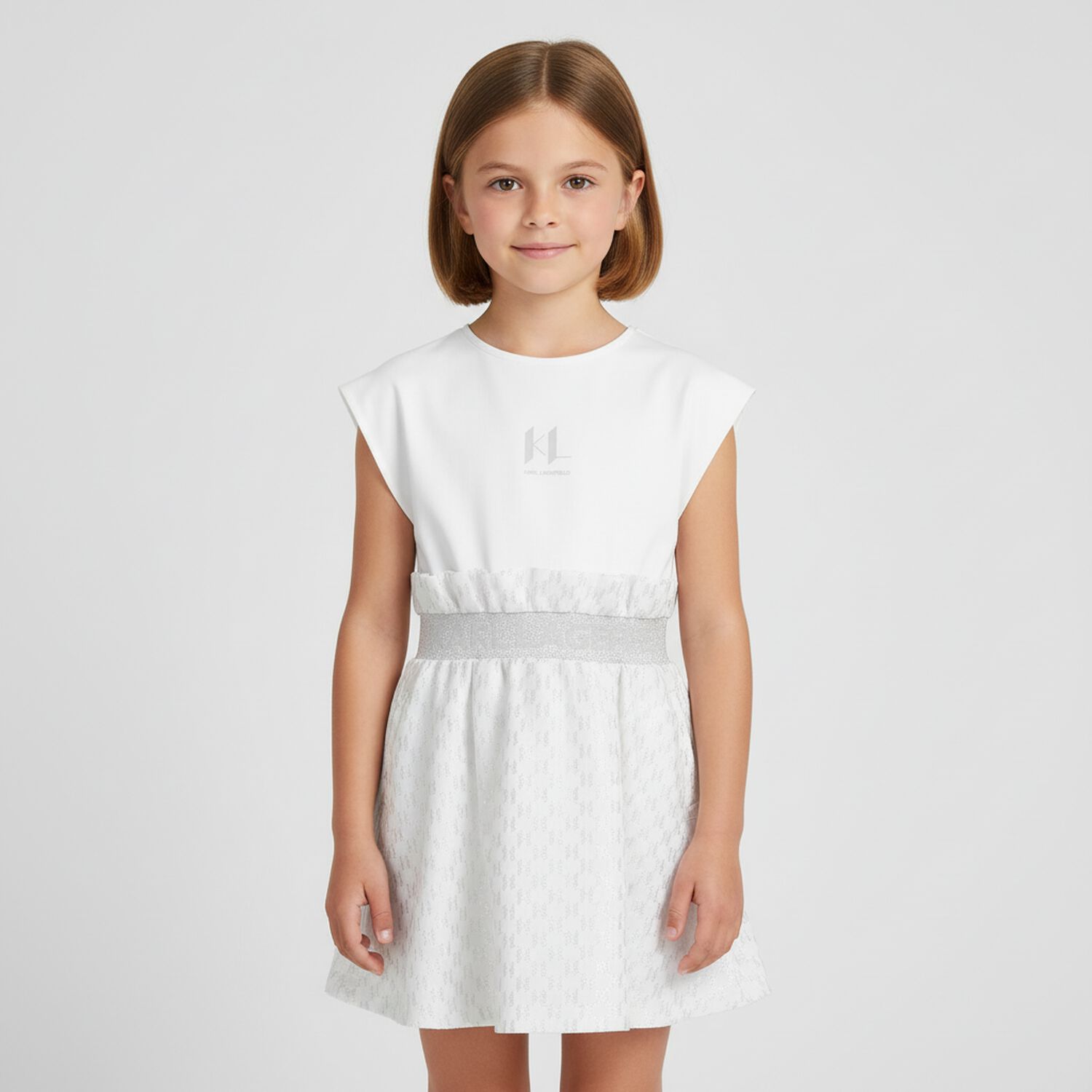 Girls White & Silver Logo Jacquard Dress, 1, hi-res