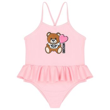 Younger Girls Pink Teddy Bear Ruffled Swimsuit