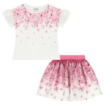 Girls White & Pink Butterfly Skirt Set