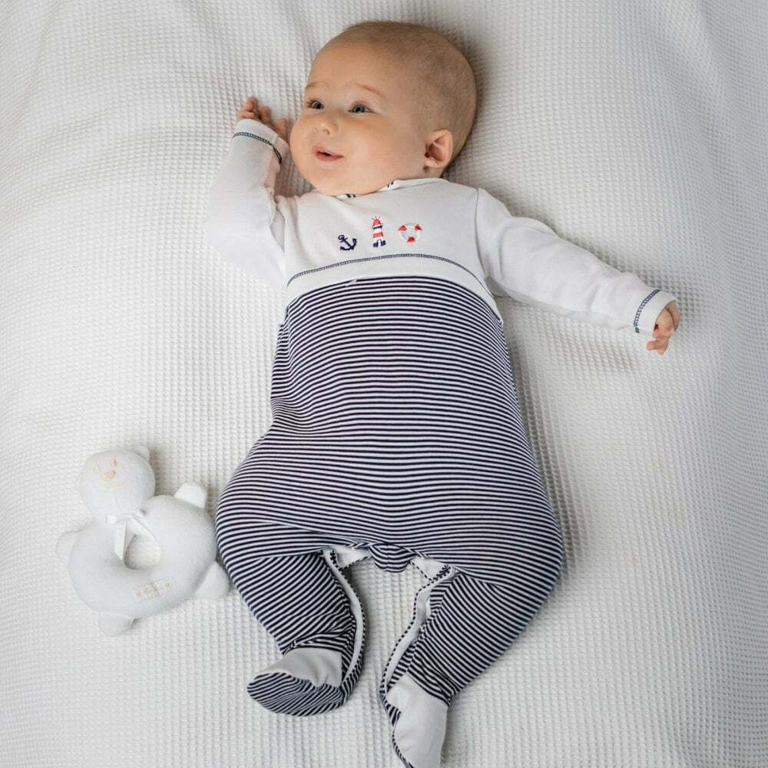 Baby Boys White & Navy Babygrow, 1, hi-res