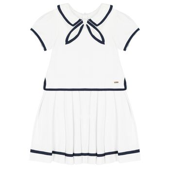 Girls White & Navy Blue Dress