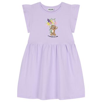 Girls Purple Teddy Bear & Flowers Dress