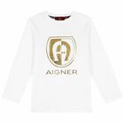 Boys White & Gold Logo Long Sleeve Top, 1, hi-res