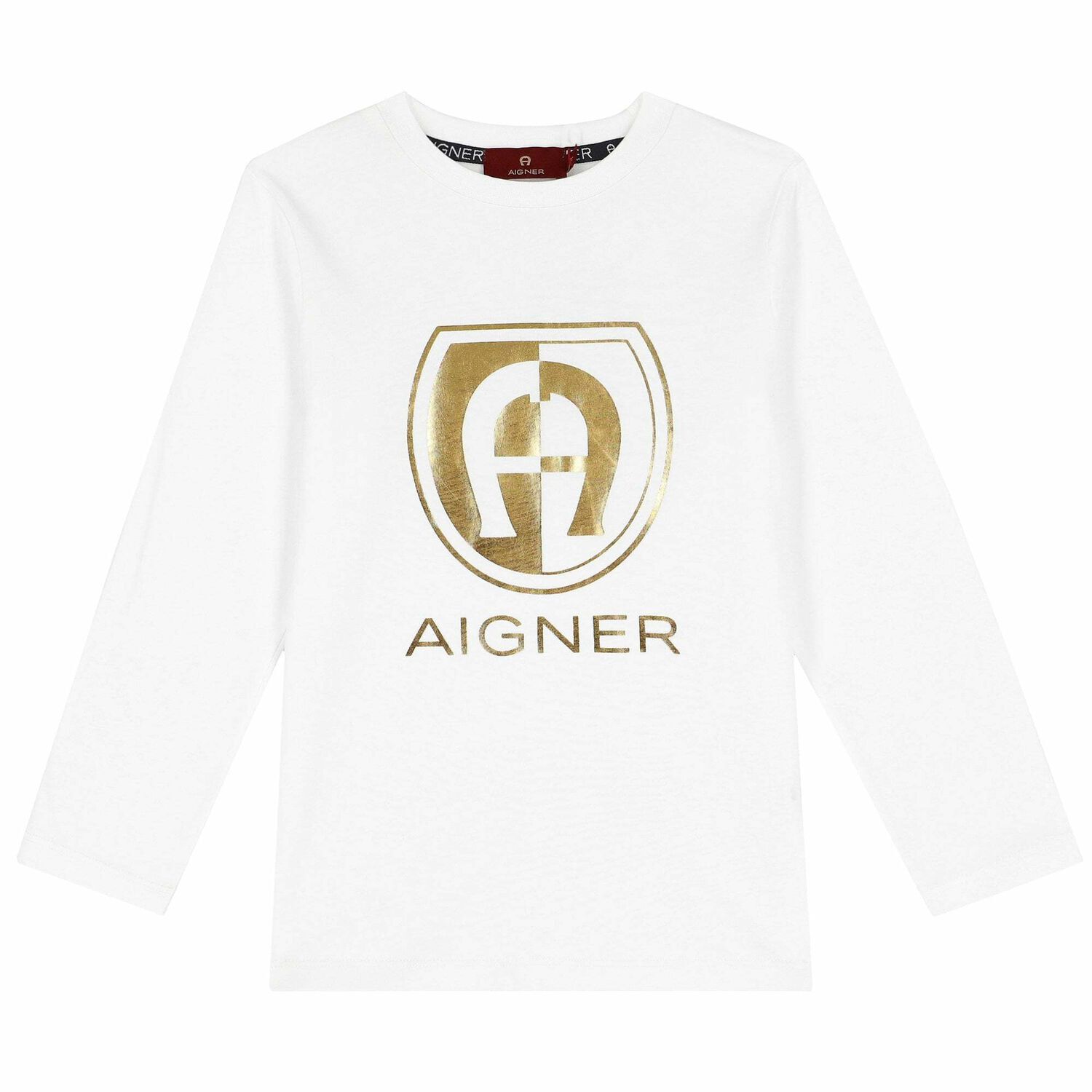 Boys White & Gold Logo Long Sleeve Top, 1, hi-res
