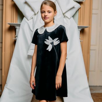 Girls Black & Ivory Floral Dress