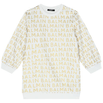 Girls White & Gold Logo Dress