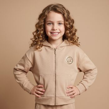 Girls Mini Me Beige Logo Hooded Zip Up Top