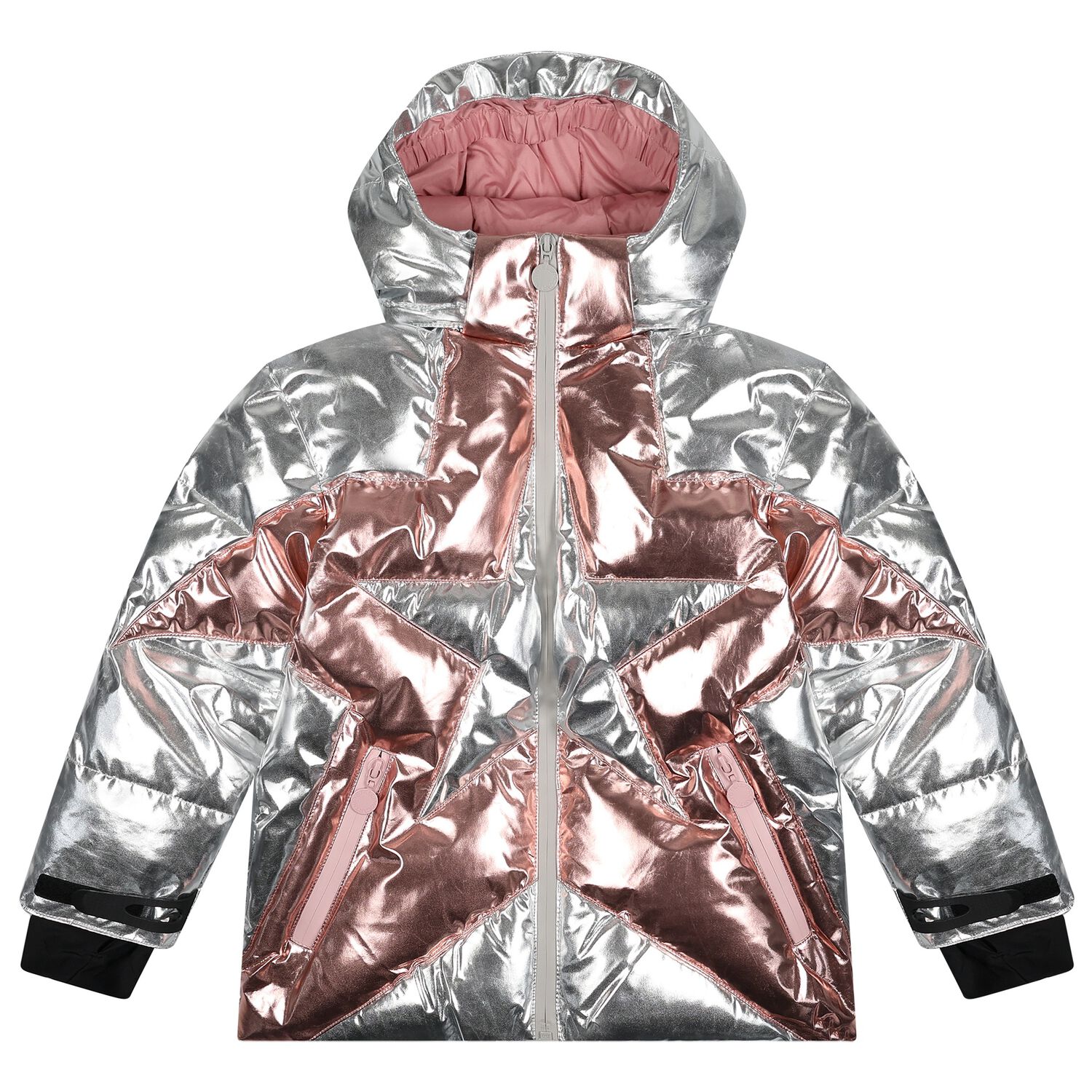 Girls Silver Metallic Star Puffer Jacket, 1, hi-res