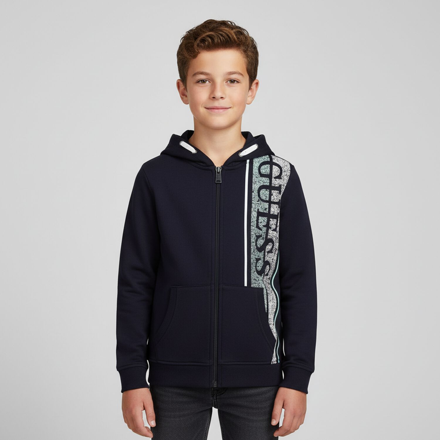 Boys Navy Blue Logo Hooded Top, 1, hi-res