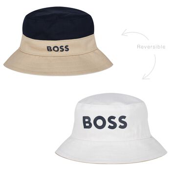 Baby Boys Beige, Navy Blue & White Logo Reversible Hat