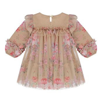 Baby Girls Beige Floral Ruffled Tulle Dress