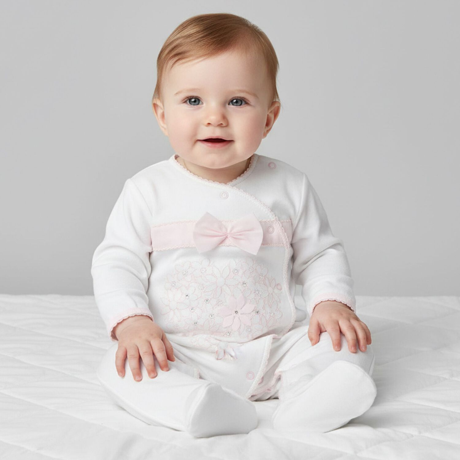 Baby Girls White & Pink Floral Babygrow, 1, hi-res