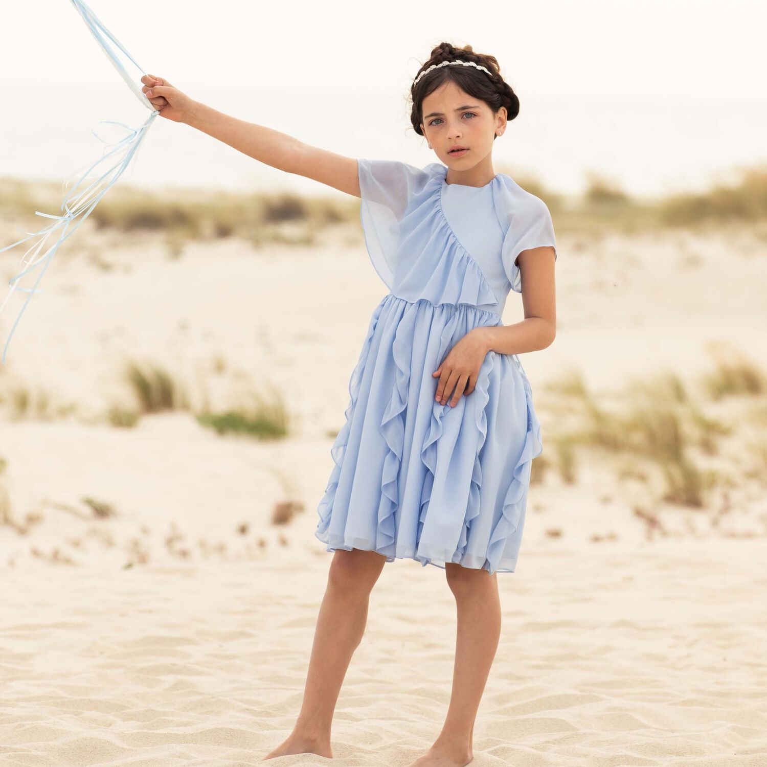 Girls Blue Chiffon Ruffle Dress, 1, hi-res