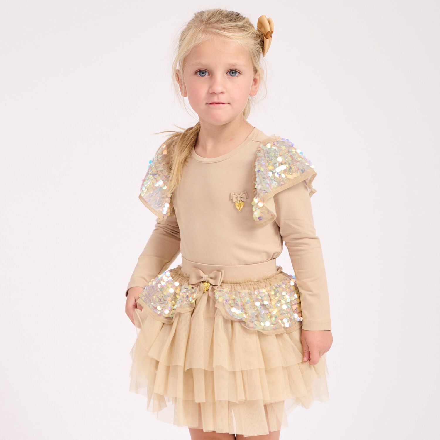 Girls Beige Sequin Tulle Skirt, 3, hi-res