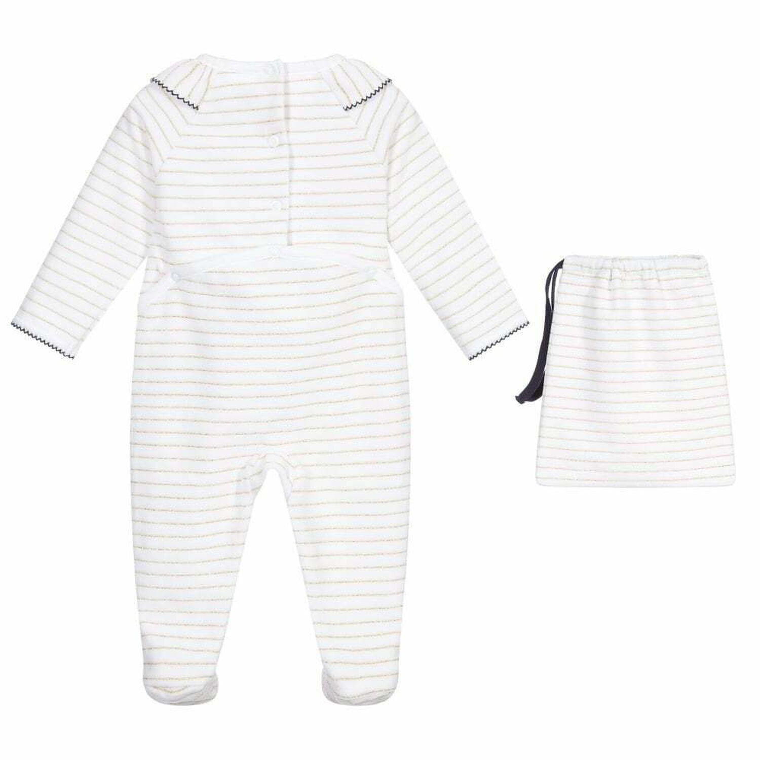 Baby Girls White & Gold Velour Babygrow Set, 1, hi-res