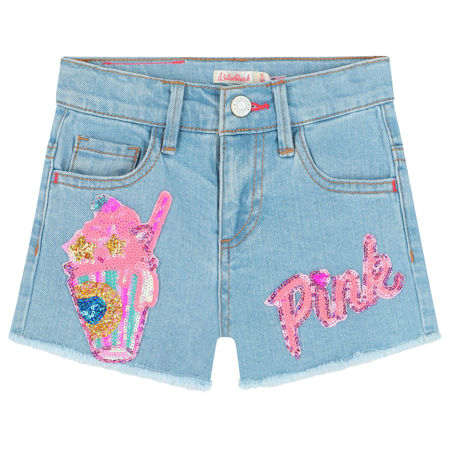 Girls Blue Denim Sequins Shorts, 1, hi-res