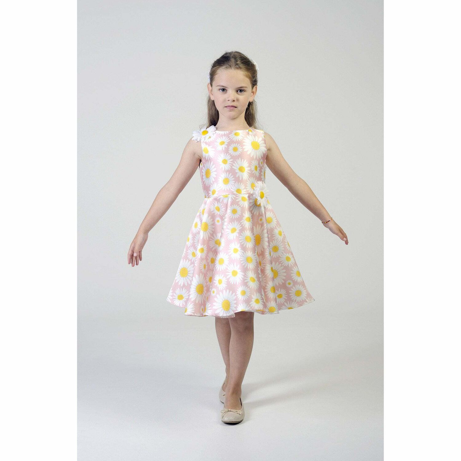Girls Pink Satin Daisy Dress, 1, hi-res