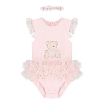 Baby Girls Pink Teddy Bear Bodysuit Dress Set