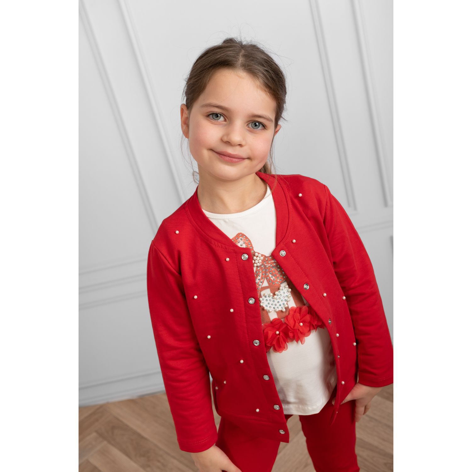 Girls Red Pearl Cardigan, 2, hi-res