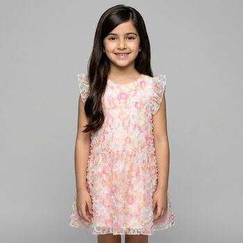 Girls Pink Logo Floral Tulle Dress